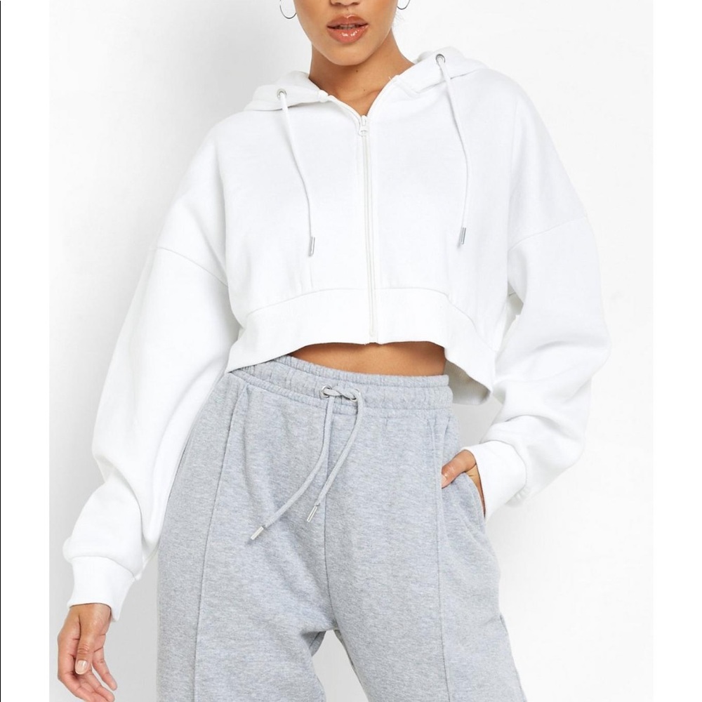 Boohoo Recycled Cropped Zip Hoodie in White Size XS